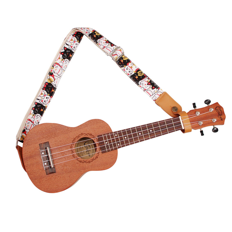 MUSIC FIRST Original Design “Fortune Cats (Maneki Neko)” Soft Cotton & Genuine Leather Ukulele Strap Ukulele Shoulder Strap