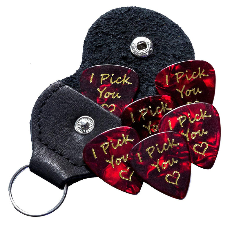 6 I Pick You Guitar Picks With Leather Plectrum Holder Keyring