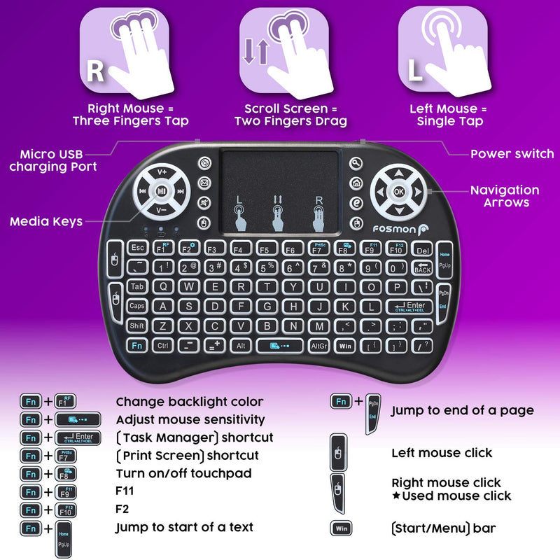 Fosmon Wireless Keyboard with Touchpad and RGB Backlight, Mini Portable 2.4GHz USB Adapter Keyboard, Rechargeable Battery, Adjustable DPI, Compatible with PC/Mac, Smart TVs, PS3/PS4, Xbox360, and more