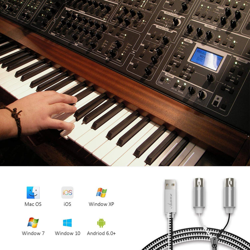 Asmuse Midi to USB Cable, Professional MIDI Interface with Zipper Design,Fever Grade Copper Wire, The Latest Chip(5.6ft)