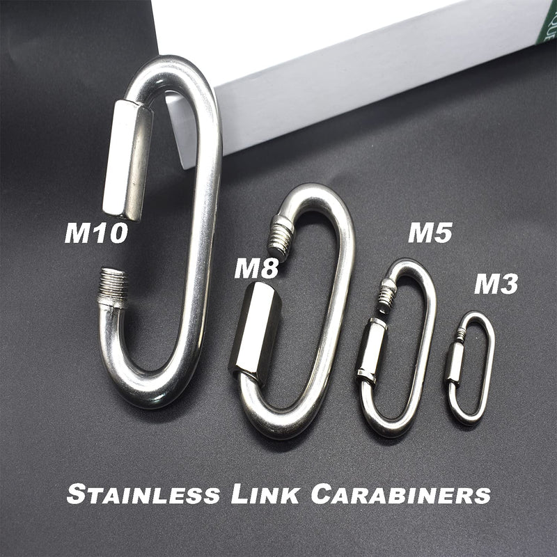 Bytiyar 4 pcs M8 Stainless Steel Quick Link Carabiner Clips with Screw Locking Heavy Duty Chain Connector Hook Hardware Accessories Tool 4pcs_Silver