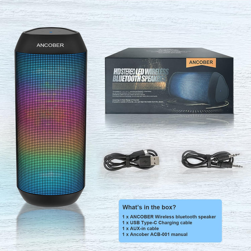 Wireless Bluetooth Speaker - Portable Speaker with Multi LED Light Dynamic Modes, IPX4 Waterproof Bluetooth Speakers, Support TWS Surround Stereo Sound Playing, Lightweight for Party Outdoor Camping Black