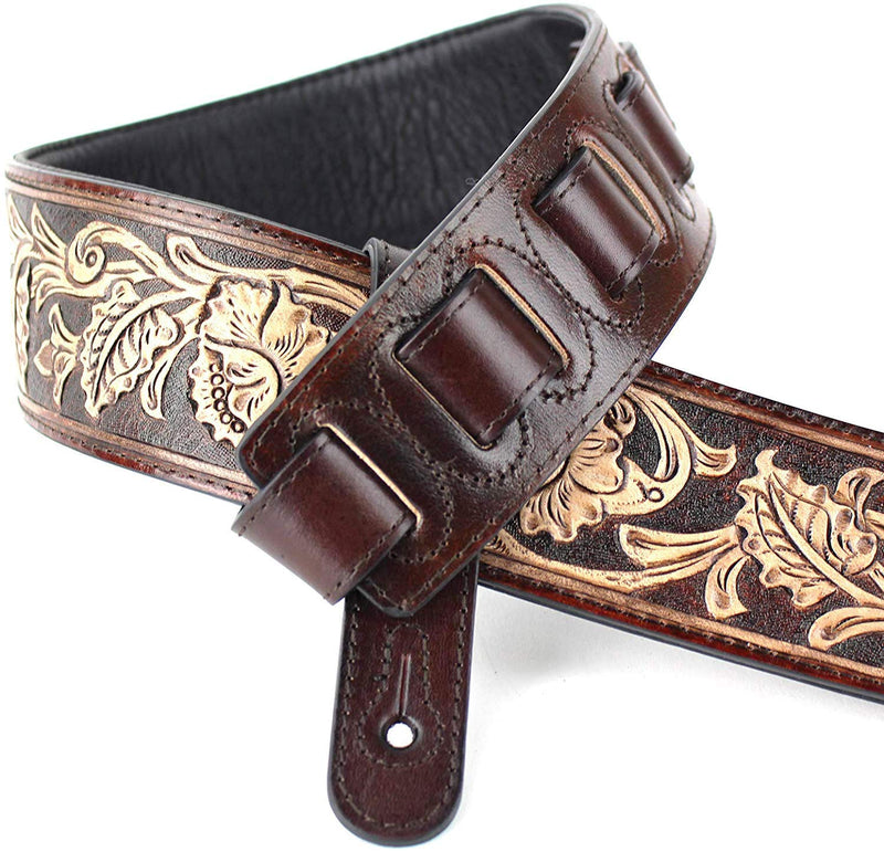 Walnut Brown Carving Leather Padded Guitar Strap With Hand Carved Traditional Western Tooling Walker & Williams KH-02-BRN