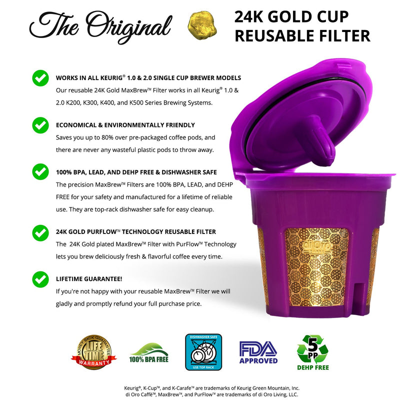 DI ORO MaxBrew Keurig Reusable K Cup Coffee Filter – For Keurig 1.0 and 2.0 Coffee Brewers - 24K Gold Small Refillable Coffee Filter - Fits K200, K300/K350/K360, K450/K460, K500/K550/K560 (Purple)