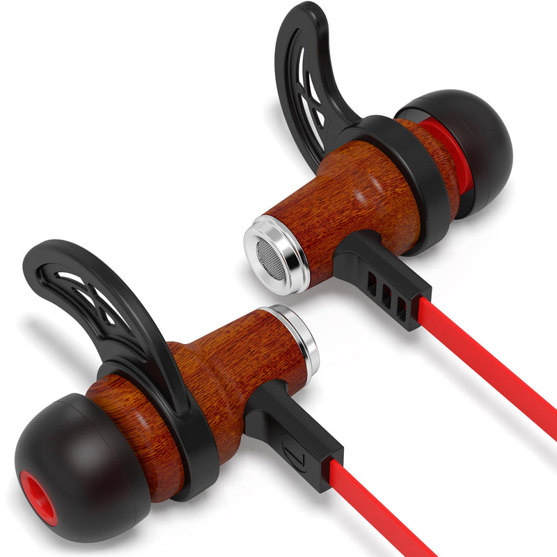 Symphonized NRG Bluetooth Wireless Wood in-Ear Noise-isolating Headphones, Earbuds, Earphones with Mic & Volume Control (Red) Red