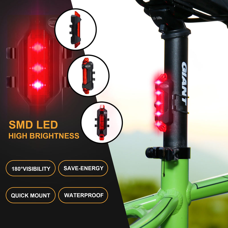 Outair USB Rechargeable Bike Light Front and Rear Bicycle Light Set Scooter Light 5 LEDs 4 Modes Head Back Cycling Flashing Safety Warning Lamp White&Red