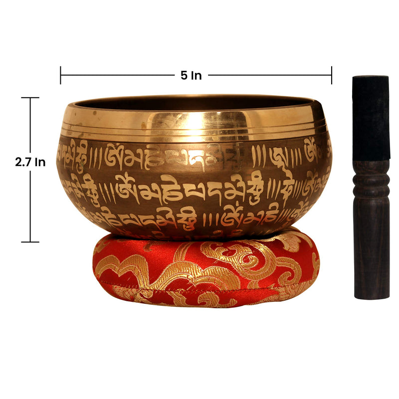 Large Tibetan Singing Bowl Set-Meditation Symbols Printed 5 inch Singing Bowl With Wooden Mallet & Cushion For Prayer/Meditation/Yoga/Chakra Healing/Mindfulness/Decoration (Gold) Gold