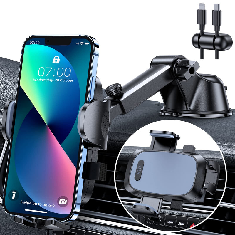 HTU Cell Phone Holder for Car Dashboard [Big Phones & Thick Case Friendly] Compatible for iPhone 13 Pro Max 12 11 Pro All Smartphones Easy One Touch Cellphone Car Mount Dash Windshield Air Vent Cradle