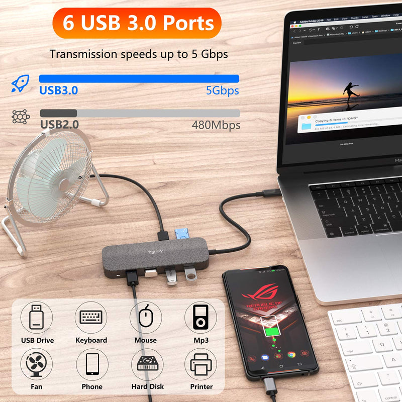 TSUPY USB C HUB 6 USB 3.0 Port, 10 in 1 Thunderbolt 3 Adapter Type C Hub with 4K HDMI, 100W Fast Power Delivery, SD and microSD Card Reader, Expend Port for MacBook Pro,XPS, Pixelbook and More