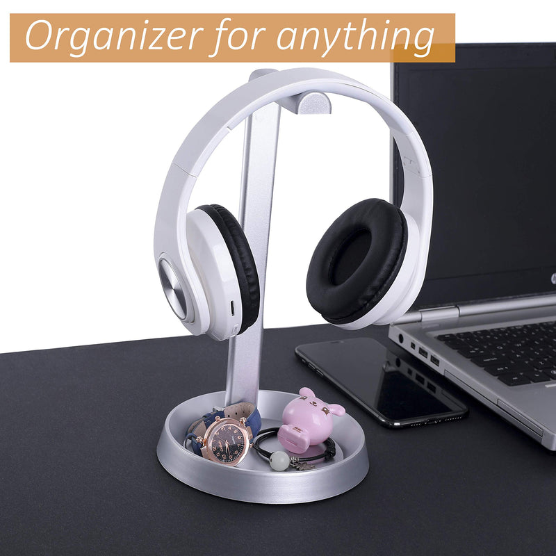 KAIROU Headphone Stand with 5.9 inch Tray, Cable Holder, Hanger, Mount, Organizer, Gaming | for All Headphones, Headsets Size (Silver) Silver