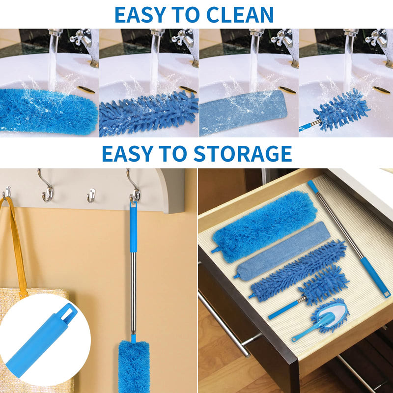 Dusters for Cleaning,6 PCS Feather Duster Microfiber Duster with 100'' Stainless Steel Extension Pole, Bendable & Washable Telescopic Cobweb Duster for Ceiling Fan,High Ceiling,Blinds,Furniture & Cars 6pcs