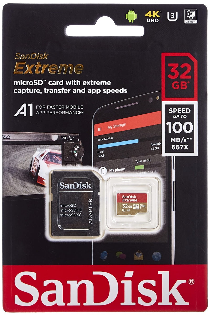 SanDisk 32GB Extreme microSDHC UHS-I Memory Card with Adapter - C10, U3, V30, 4K, A1, Micro SD - SDSQXAF-032G-GN6MA, Red/Gold Card Only