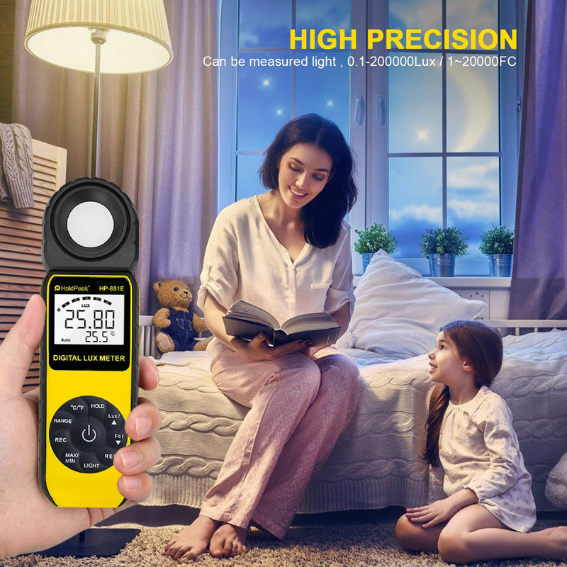 [AUSTRALIA] - Light Meter-HOLDPEAK 881E Digital Illuminanc/Light Meter with 0.01~300,000 Lux (0.01~30,000 FC) Measuring Ranges and 270° Rotatable Detector for LED Lights and Plants Lumen Meter HP-881E(0.1 - 200,000Lux / 1 - 20,000FC) 