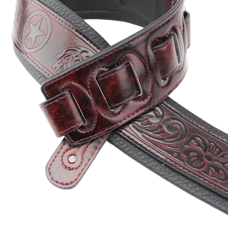 Walker & Williams GB-123 Oxblood Brown Padded Guitar Strap Texas Stars & Skulls