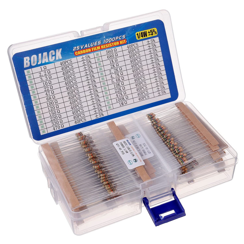 [AUSTRALIA] - BOJACK 1000 Pcs 25 Values Resistor Kit 1 Ohm-1M Ohm with 5% 1/4W Carbon Film Resistors Assortment 1/4 W 