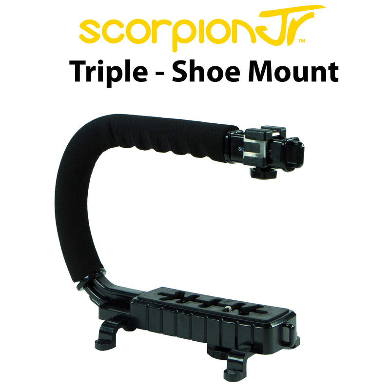 Cam Caddie Scorpion Jr Triple Shoe Camera Stabilizer - Collapsible Stabilizing Smartphone Handle Compatible with All DSLR, GoPro, Mobile Phones w/ 3-in-1 Integrated Cold Shoe - Black