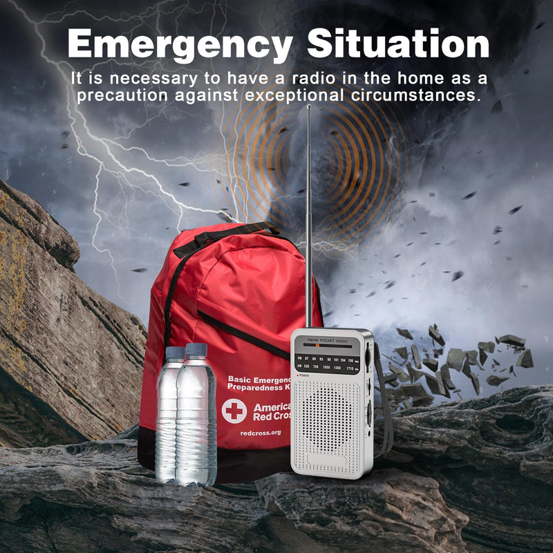Portable Radio AM FM, Goodes Transistor Radio with Loud Speaker, Headphone Jack, 2AA Battery Operated Radio for Long Range Reception, Pocket Radio for Indoor, Outdoor and Emergency Use - Silver New-Silver