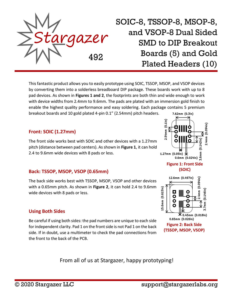 Stargazer SMD to DIP Breakout for SOIC-8, TSSOP-8, MSOP-8, and VSOP-8 with Gold Plated Headers [5 Pack]