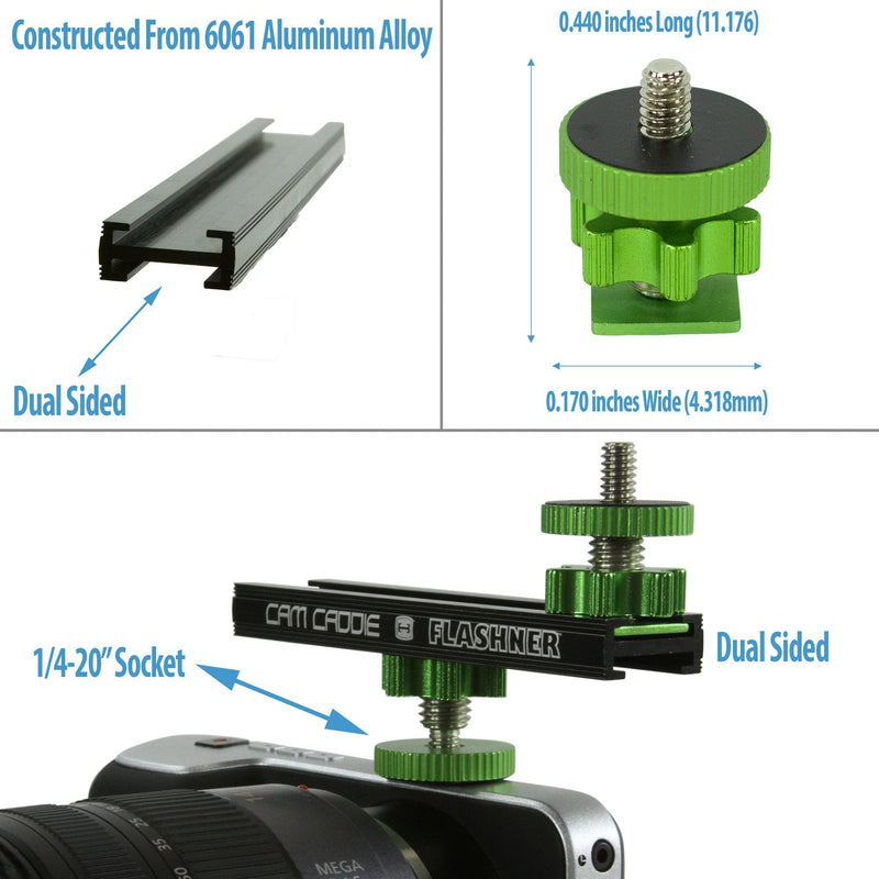 Cam Caddie 6 - inch adjustable Flash Hot / Cold Shoe Extension Bracket with Multiple Mounting Options on Top and Bottom of Rail for LED Light, Field Monitor, Microphone and more. (6 inch / 15 Centimeter Length) Green 6-inch