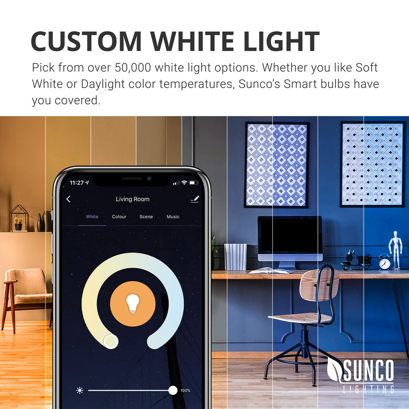 Sunco Lighting 4 Pack WiFi LED Smart Bulb, A19, 6W, Color Changing (RGB & CCT), Dimmable, 480 LM, Compatible with Amazon Alexa & Google Assistant - No Hub Required