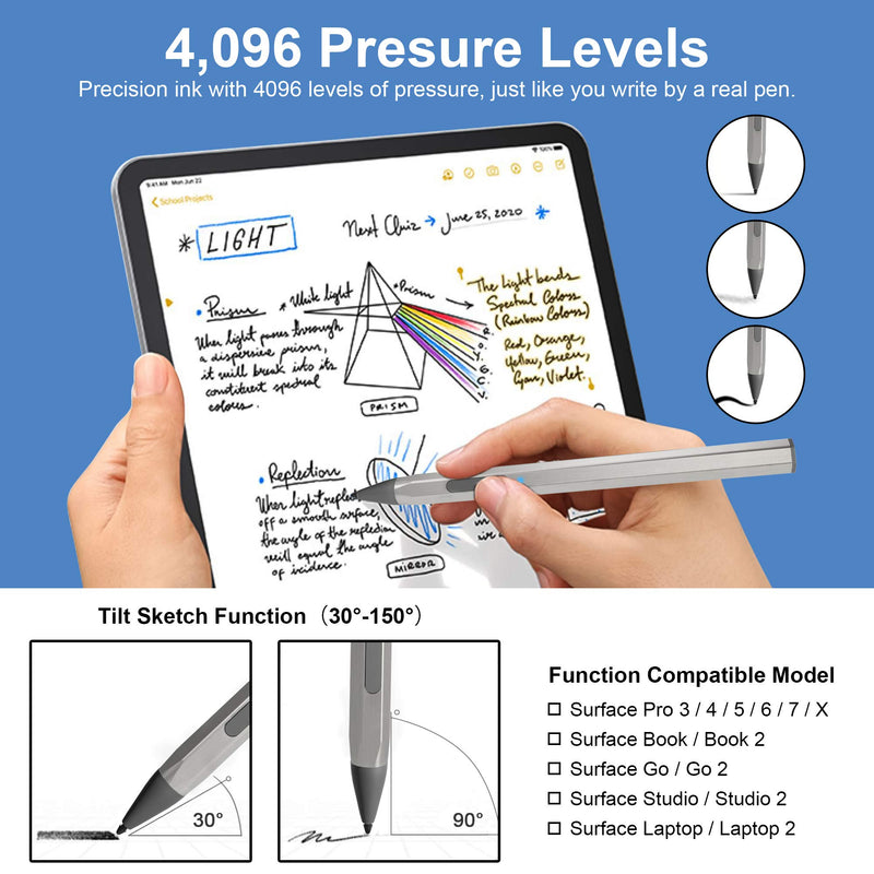 Stylus Pen for Surface 4096 Pressure Sensitivity with Eraser Button, Palm Rejection & Tilt Surface Pen , Magnet Pen for Surface Pro/Go/Book/Laptop/Studio Series, Rechargeable