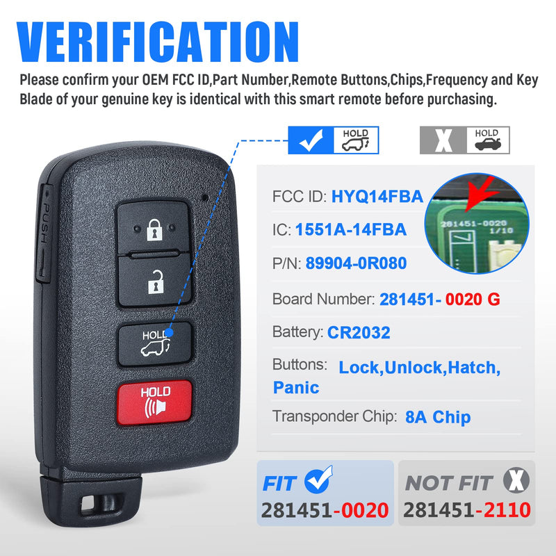 Keymall Keyless Entry Smart Prox Remote Key Fob Replacement for Toyota RAV4 2013 2014 2015 2016 2017 2018 4 Buttons 8A Chip 281451-0020 G Board FCC ID:HYQ14FBA PN:89904-0R080