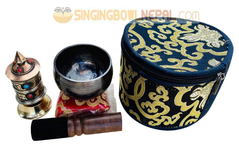 Hand Beaten C Root Chakra Tibetan Meditation Yoga Singing Bowl 3 Inch Set Includes Free Table Top Prayer Wheel