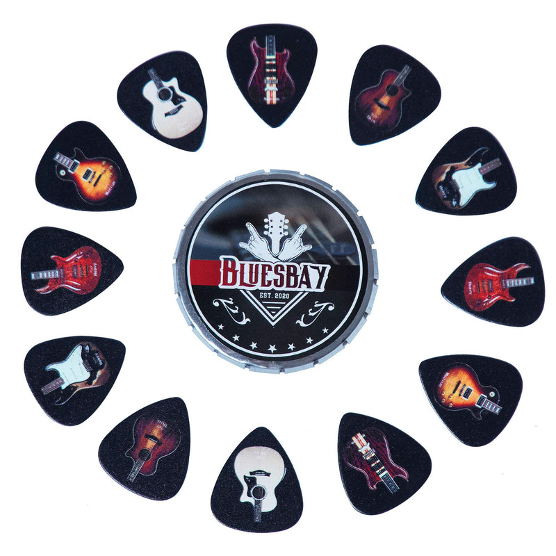 BluesBay Premium Celluloid Guitar Picks-12 Pack Includes Thin, Medium & Heavy Gauges-For Electric,Acoustic,Bass Guitar-Bundle W/Free Metal Box+ Leather Key Chain Pick Holder (Famous Guitar Collection) Famous Guitar Collection