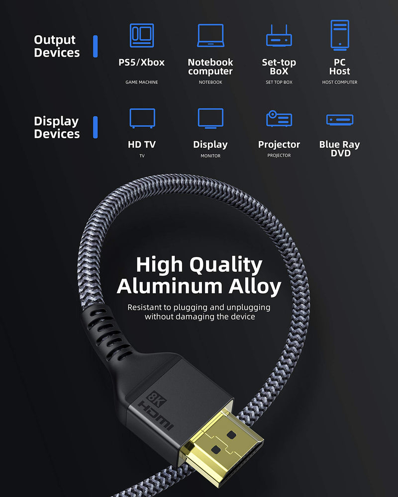 8K HDMI 2.1 Cable 3.3FT, Maxonar (Certified) Ultra High Speed 48Gbps 8K60 4K120 144Hz RTX 3090 eARC HDR HDCP 2.2&2.3 Compatible with Playstation 5/PS5, Xbox Series X, Roku/Fire/Sony/LG Samsung TV 3.3ft/1M