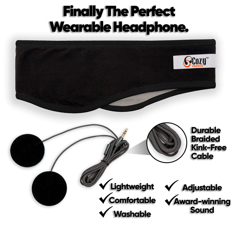 CozyPhones Over the Ear Headband Headphones - Sleep Headphones & Travel Bag, Headband Earphones with Lycra Cool Mesh Lining and Thin Speakers - Black