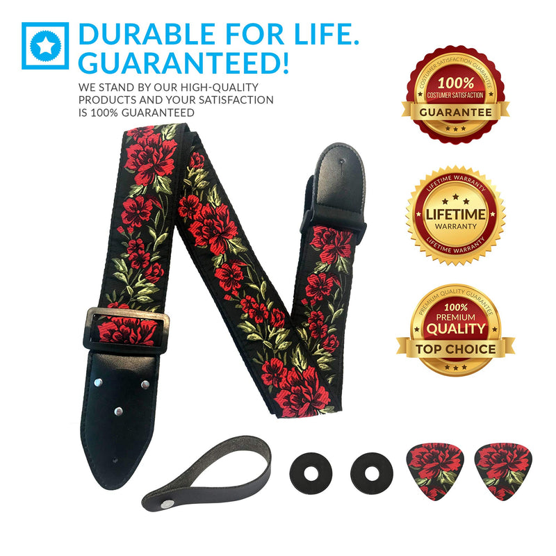 Guitar Strap Cotton Rose Flower W/FREE BONUS- 2 Picks + Strap Locks + Strap Button. For Bass, Electric & Acoustic Guitars Stocking Stuffer. an Awesome Christmas Gift for Men & Women Guitarists