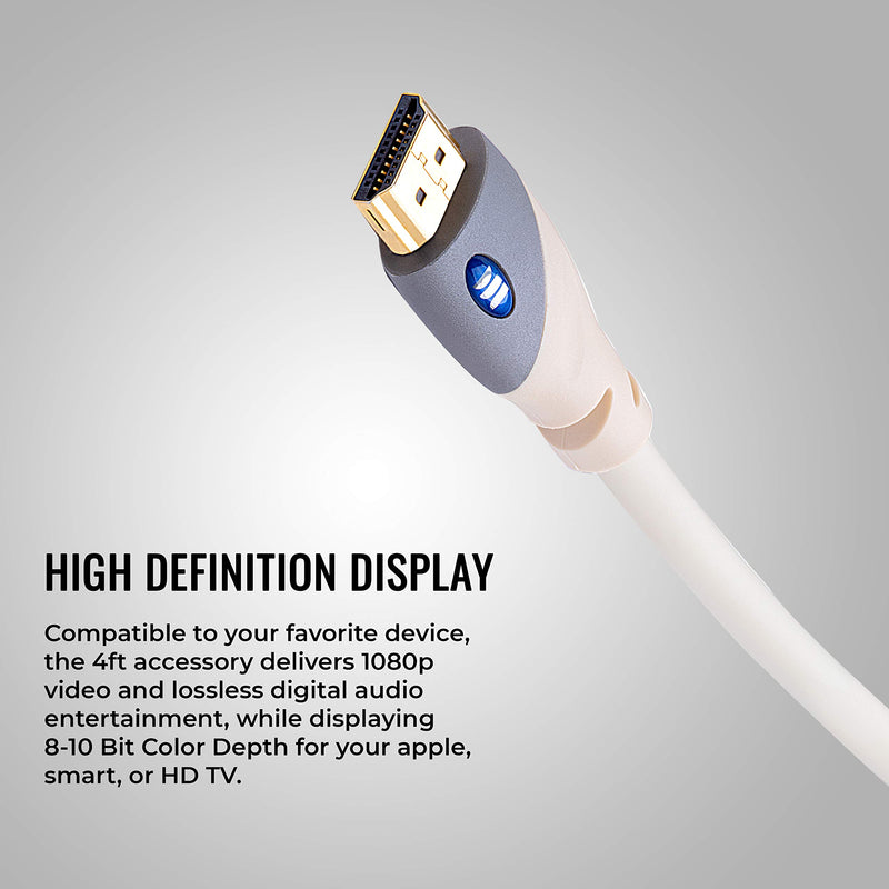 [AUSTRALIA] - Monster 4ft HDMI Cable 4k Ultra HD with Ethernet Cord - 60/120 Hz Refresh Speed - 18Gbps High Definition 1080p Video and Lossless Audio with Corrosion-Resistant 24k Gold Contacts and V-Grip Connection 4 FT White 