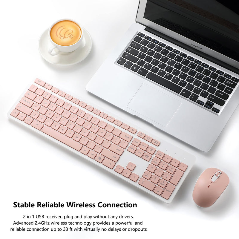 Wireless Keyboard and Mouse Combo, 2.4G Silent Cordless Wireless Keyboard Mouse Combo for Windows Chrome Laptop Computer PC Desktop, 106 Keys Full Size with Number Pad, 1600 DPI Optical Mouse (Pink) Pink