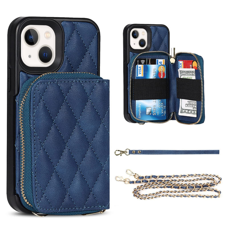 Jaorty Crossbody Detachable 2 in 1 Wallet Case for iPhone 13,Crossbody Case with Zipper Card Holder Bag Wrist Strap Lanyard Purse Compatible with Apple iPhone 13 6.1 inch,Blue Blue
