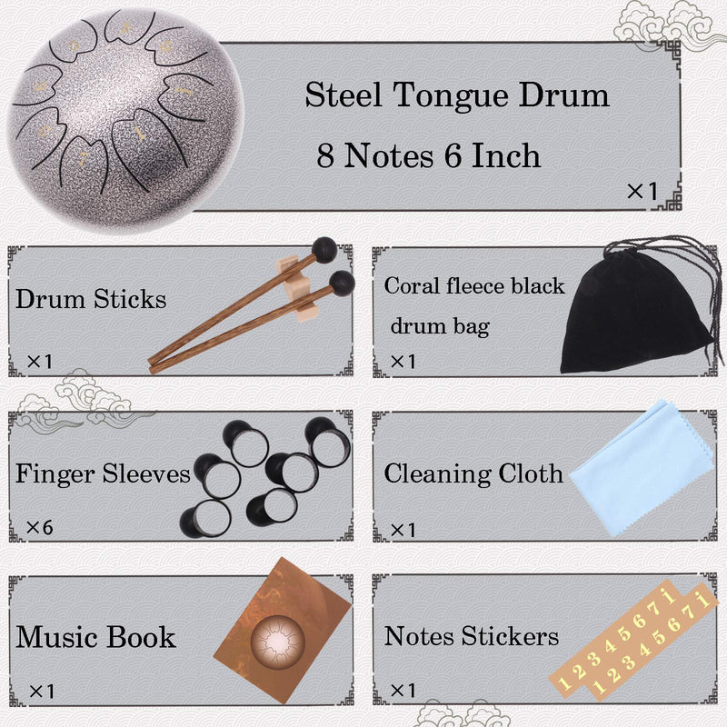 Steel Drum Tongue Drums,8 Notes 6 Inches Percussion Instrument Handpan Drum Panda Drum with Carry Bag Couple of Mallets Music Book for Musical Education Concert Mind Healing Yoga Meditation. Vintage silver