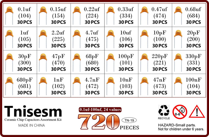 Tnisesm 720 Pcs 24Value Ceramic Capacitor Assortment Kit 0.1uF-100nF DIP Monolithic Multilayer Chip Capacitors in a Box Tn-19 0.1uF-100nF (720PCS)