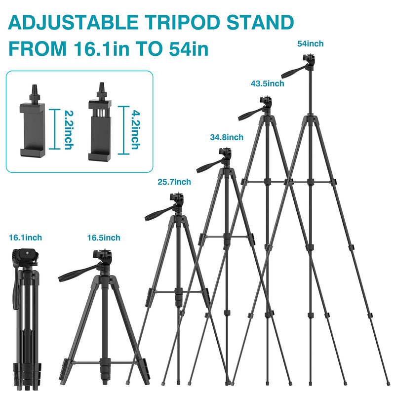 54" Cell Phone Tripod with Rechargeable Remote, Aluminum Lightweight Travel Camera Tripod with Extendable Tripod Stand, Phone Holder and Carry Bag, for Cellphones/GoPro/DSLR Cameras