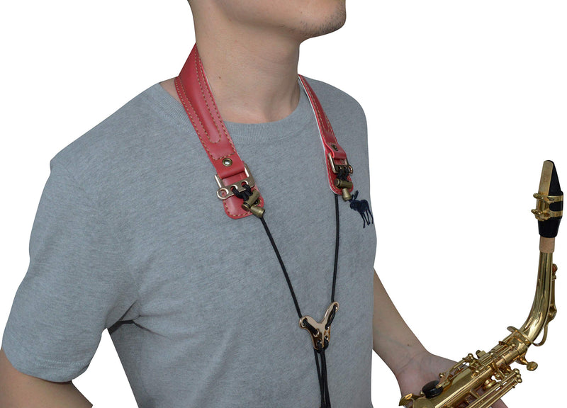 adorence Premium Saxophone Neck Strap (Handmade with Genuine Leather,Breathable Pad & Metal Hook) - Less Stress Ergonomics Design Sax Strap -Red Red