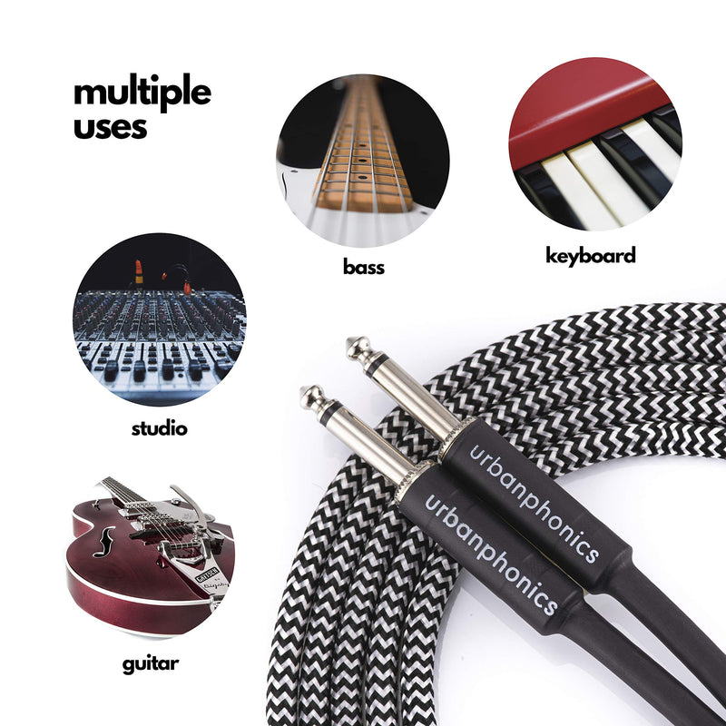 Urbanphonics Professional Premium Quality Instrument Lead Cable for Electric Guitar, Electro-Acoustic, Bass & Keyboard - High Quality Braided Tweed - 1/4 Straight Standard Jack to Jack - 10 foot (3m) 3m Black & White