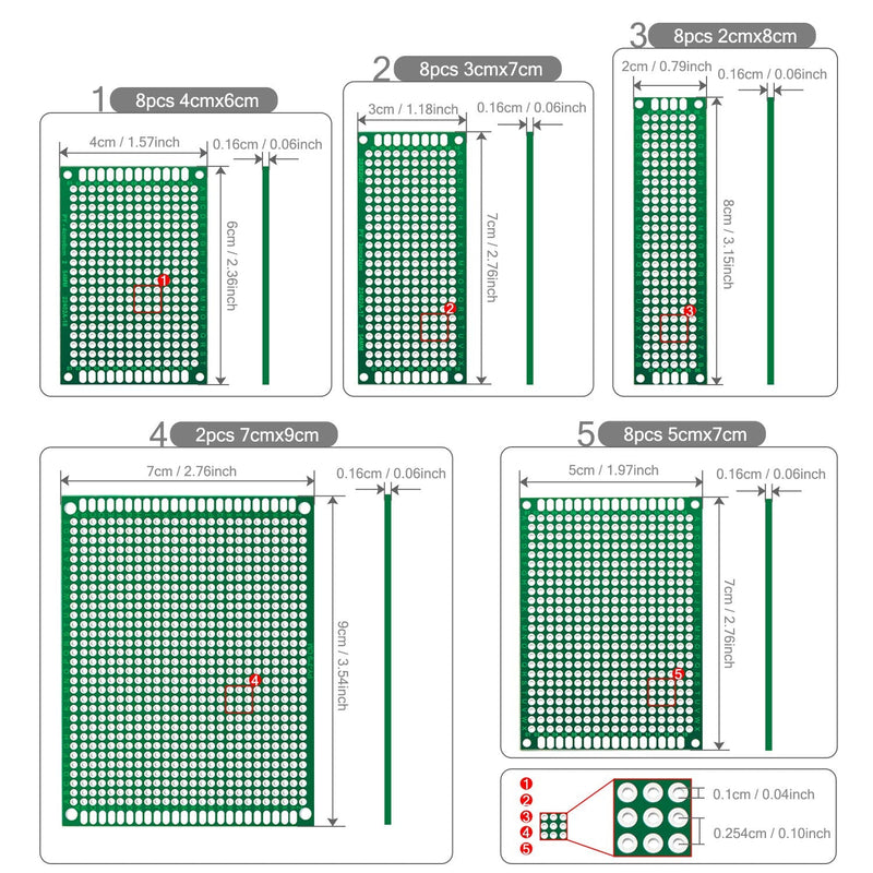 Chanzon 34 Pcs Double Sided PCB Board Tinned Through Holes (5 Sizes 2X8 3X7 4X6 5X7 7x9) Prototype Kit FR4 Printed Universal Circuit Perfboard for DIY Soldering Project Compatible with Arduino Kits 1) 34pcs Kit