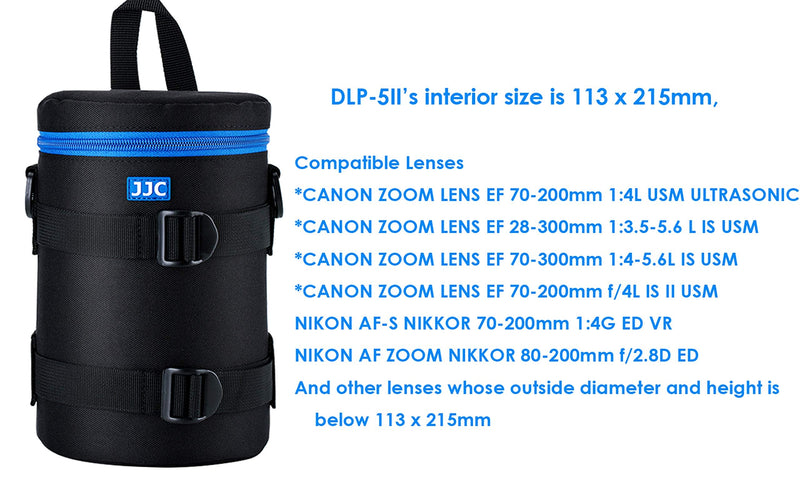 JJC Water Resistant Deluxe Lens Pouch Case Bag for Canon EF 70-200mm 4L / EF 28-300mm 3.5-5.6 USM/EF 70-300mm 4-5.6L/ Nikon AF-S NIKKOR 70-200mm 4G ED VR/Nikon 80-200 F2.8, Inner Size:113 x 215mm DLP-5II Case