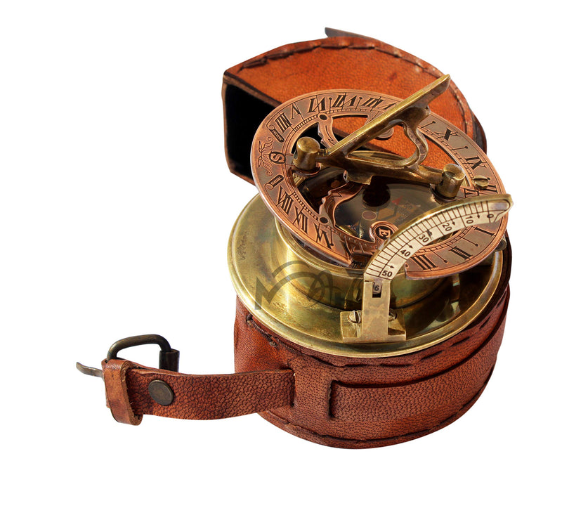 MAH Handmade Brass Sundial Compass Beautiful Gift Item with Leather Box. C-3058