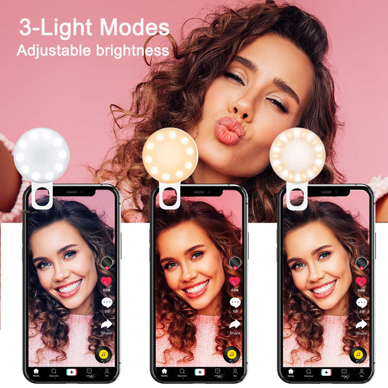 Mini Ring Light, Upgraded Sansent Small Clip On Ring Light, Portable LED Light for Phone, 3 Color Lighting Modes and Adjustable Brightness Selfie Light, Tool for Tiktok Stuff, Photos (White)
