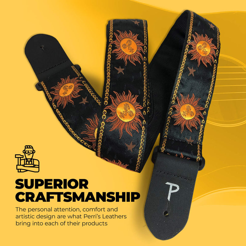 Perri’s Leathers Ltd - Jacquard Guitar Strap, Perris Guitar Strap, Elite Strap with Genuine Leather Ends, Adjustable Length 39 in. to 58 in, 2 in. Wide, Yellow Suns on Black