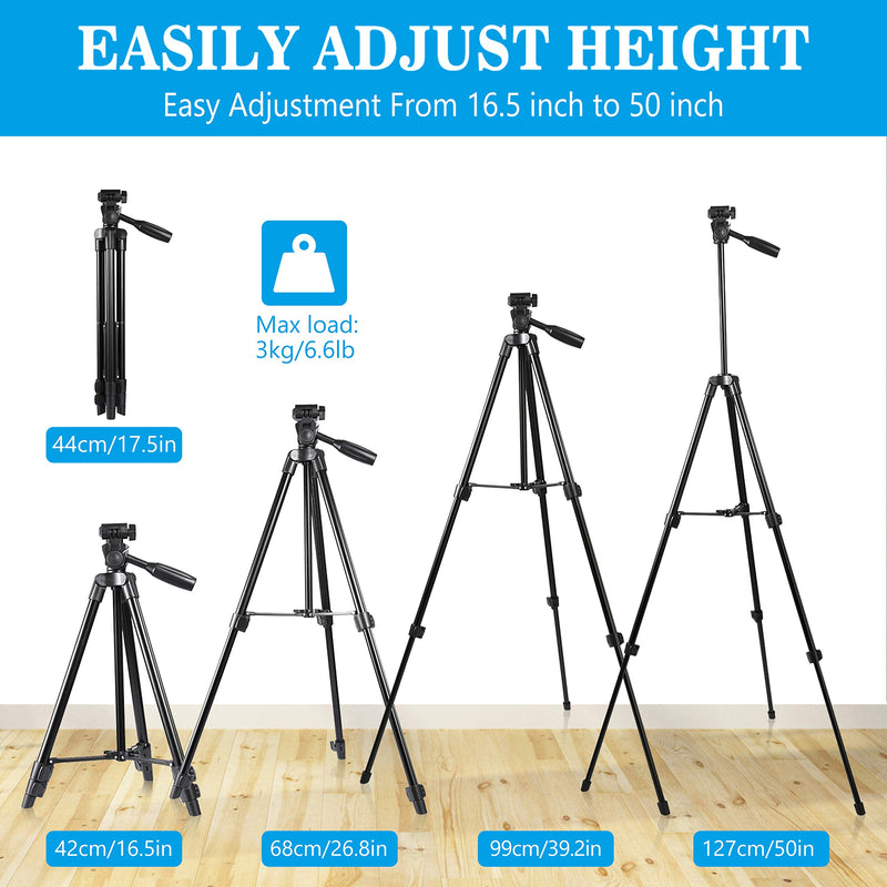 Phone Tripod, 50'' Phone Tripod with Phone Camera Tablet Holder and Remote Shutter, Aluminum Tripod Stand for Universal Smartphone ipad iPhone DSLR