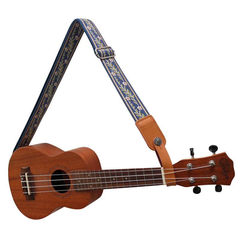 MUSIC FIRST Original Design Vintage Blue “Jasmine” Soft Meshbelt & Genuine Leather Ukulele Strap Ukulele Shoulder Strap With a MUSIC FIRST Genuine Leather Strap Locker