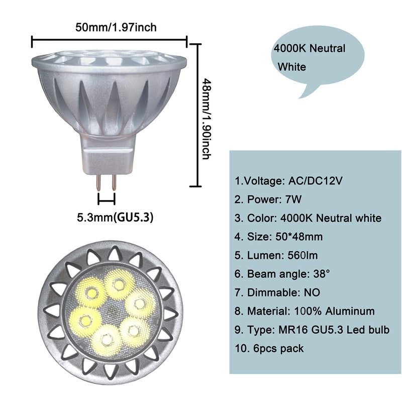 [AUSTRALIA] - ALIDE MR16 7W 4000K Neutral White Led Bulbs,50W-75W Halogen Equivalent,12V Low Voltage GU5.3 MR16 Bulb Spotlight for Outdoor Landscape Flood Track Recessed Lighting,560lm,38 Deg,6 Pack 4000K Natural White 