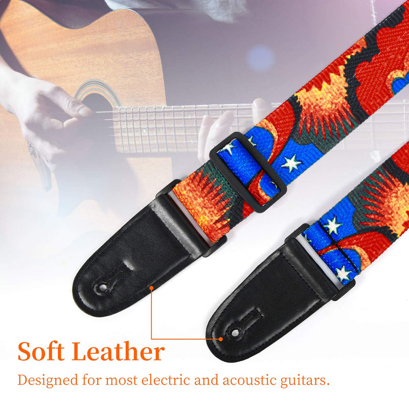 WOGOD Guitar Strap ,Adjustable Soft Guitar Strap with Leather Ends, Acoustic Electric Bass Guitar Straps (Red sun)