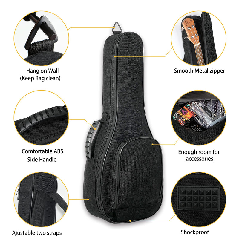 Deviser ukulele case 12MM Thick Padding ABS Handles ukelele case linen fabric 21 inch Soprano ukulele gig bag with Felt picks Black 21 Inch Soprano ukele bag