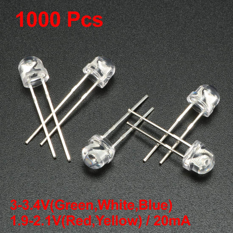 uxcell 1000pcs 5 Colors x 200 pcs 5mm Red Green Blue Yellow White LED Diode Light Clear Straw Hat 20mA Lighting Bulb Lamp Electronic Component Emitting Diode